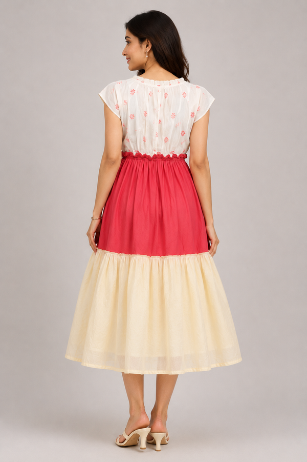 Beige Floral Smocked Waist Midi Tie Shoulders demo