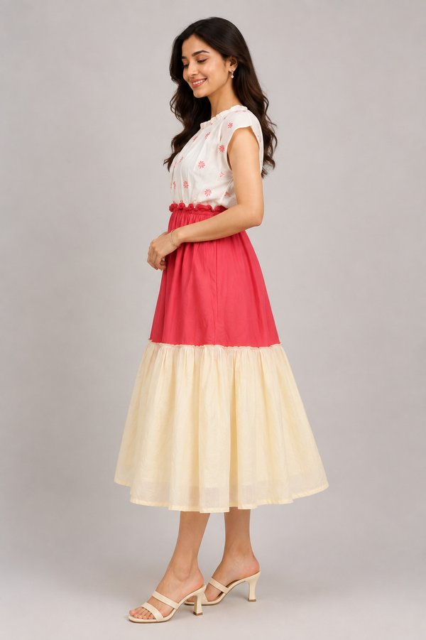 Beige Floral Smocked Waist Midi Tie Shoulders demo