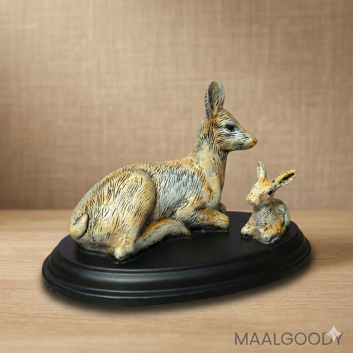 Maalgoody Mother and Baby Rabbit Figurine with Black Oval Base
