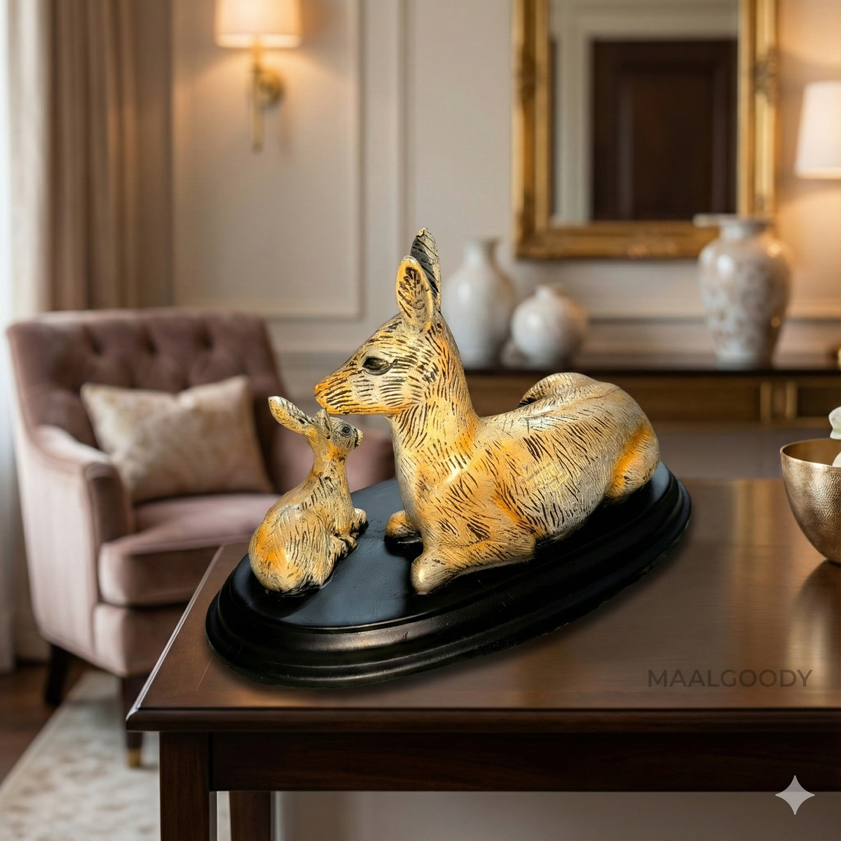 Maalgoody Mother and Baby Rabbit Figurine with Black Oval Base