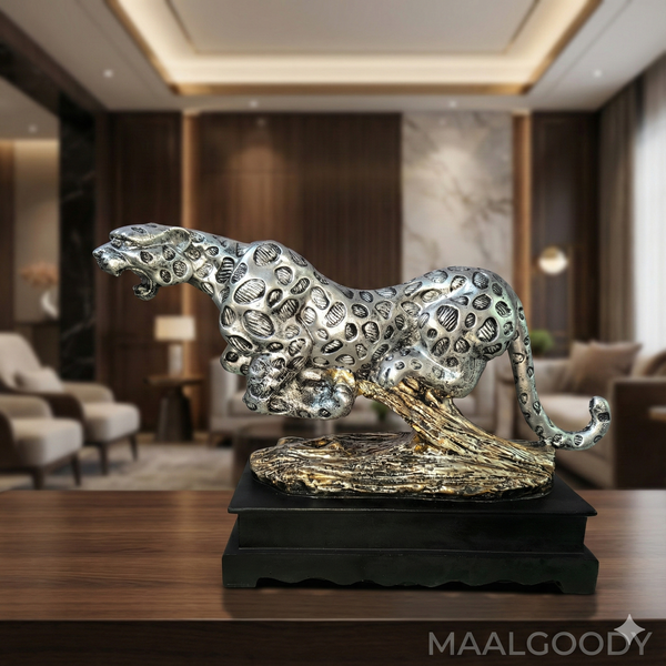 Maalgoody Silver Leopard Figurine Sculpture with Black Base