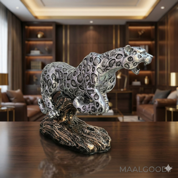 Maalgoody Silver Leopard Figurine Sculpture with Black Base