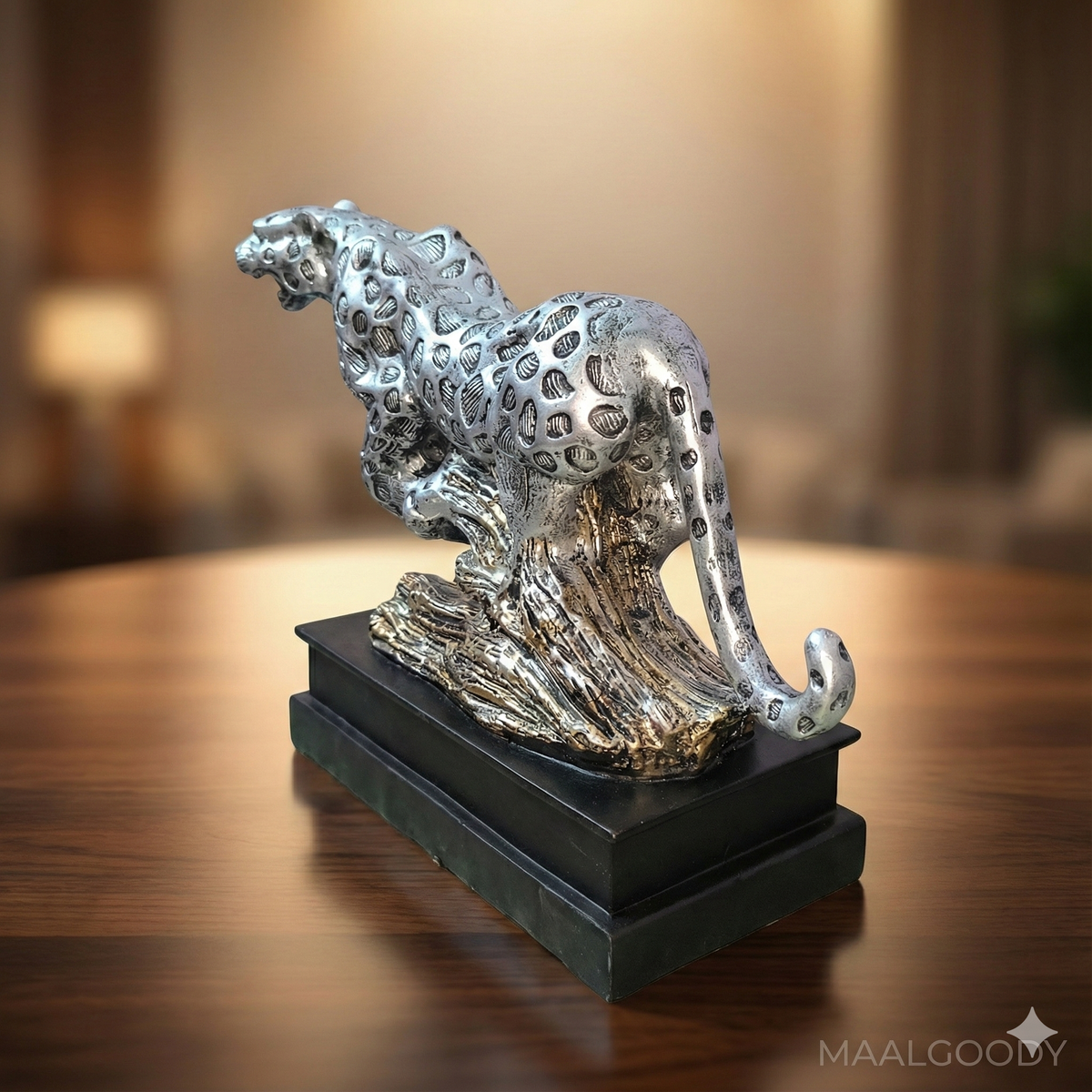 Maalgoody Silver Leopard Figurine Sculpture with Black Base