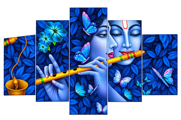 MAALGOODY 5 Piece Blue Krishna Wall Art Set, Multicolour Canvas Wall Paintings with Butterflies and Floral Design, Religious Decorative Wall Art for Living Room, Bedroom, Office and Home Déco
