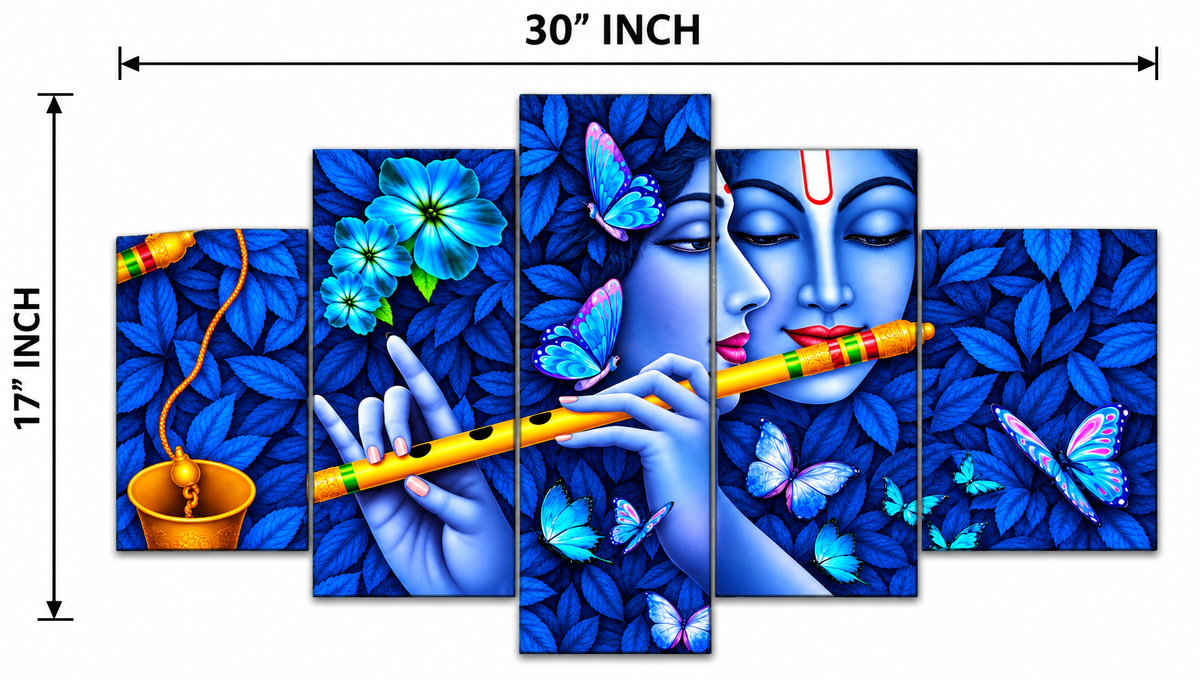 MAALGOODY 5 Piece Blue Krishna Wall Art Set, Multicolour Canvas Wall Paintings with Butterflies and Floral Design, Religious Decorative Wall Art for Living Room, Bedroom, Office and Home Déco