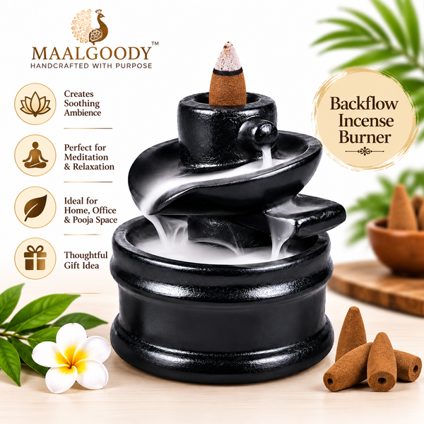 Maalgoody Black Shiv Backflow Incense Holder | Cone Burner with 12 Free Backflow Cones | Black