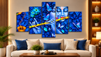MAALGOODY 5 Piece Blue Krishna Wall Art Set, Multicolour Canvas Wall Paintings with Butterflies and Floral Design, Religious Decorative Wall Art for Living Room, Bedroom, Office and Home Déco