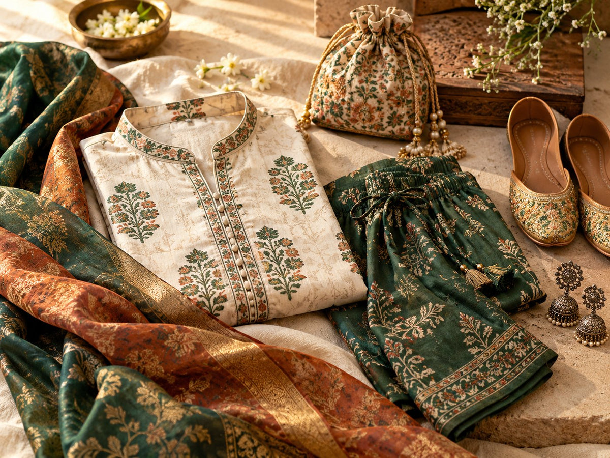 Two women in modern Indian-inspired outfits in a warm heritage courtyard