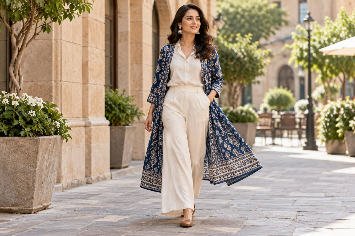 An editorial flat lay of Indian-inspired printed clothing, a dupatta, potli bag, juttis and jewellery