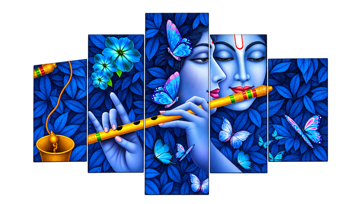 MAALGOODY 5 Piece Blue Krishna Wall Art Set, Multicolour Canvas Wall Paintings with Butterflies and Floral Design, Religious Decorative Wall Art for Living Room, Bedroom, Office and Home Déco