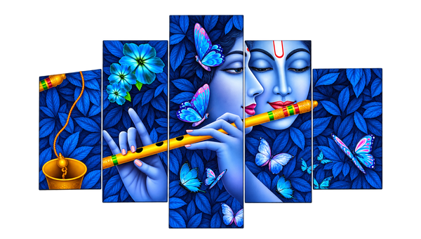 MAALGOODY 5 Piece Blue Krishna Wall Art Set, Multicolour Canvas Wall Paintings with Butterflies and Floral Design, Religious Decorative Wall Art for Living Room, Bedroom, Office and Home Déco