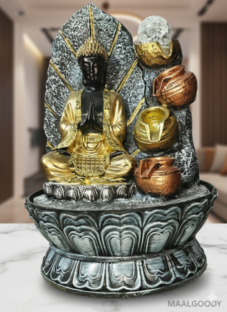 Maalgoody Deluxe Buddha Tabletop Water Fountain with LED Lights, Gold and Black, Resin, Indoor Zen Decor