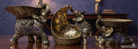 Maalgoody Luxury Decorative Bowls Set of 3, Ornate Gold Animal Figurine Fruit Bowls with Elephant, Peacock, Swan, Vintage Metal Serving Bowl Collection for Home Decor, Centerpiece, Coffee Table