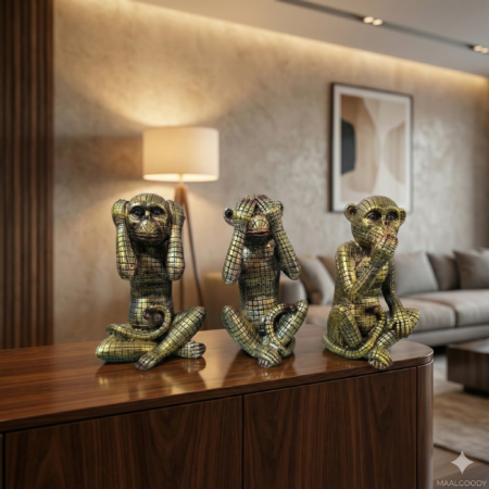 MaalGoody Set of 3 Wise Monkey Figurines – Hear No Evil, See No Evil, Speak No Evil – Modern Geometric Gold & Bronze Finish Statues – Contemporary Home & Office Decor – Set of 3 Resin Sculptures