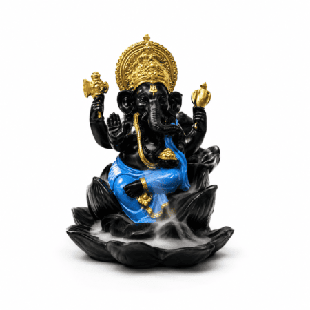Lord Ganesha Backflow Incense Holder Statue on Lotus - Smoke Waterfall Incense Burner Black Gold Blue Hindu Decor